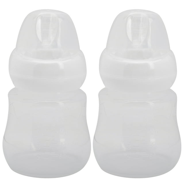 biberón de leche, biberón portátil para bebé biberón de lactancia impulsado por el rendimiento Dos biberones NikouMX transparentes de 180 ml, vista frontal con tetina y tapa translúcida, cuerpo de PP con marcas de medición y diseño compacto de aprox. 13 x 7 x 7 cm, aptos para recién nacido; también adecuados para transportar leche infantil durante salidas cortas.