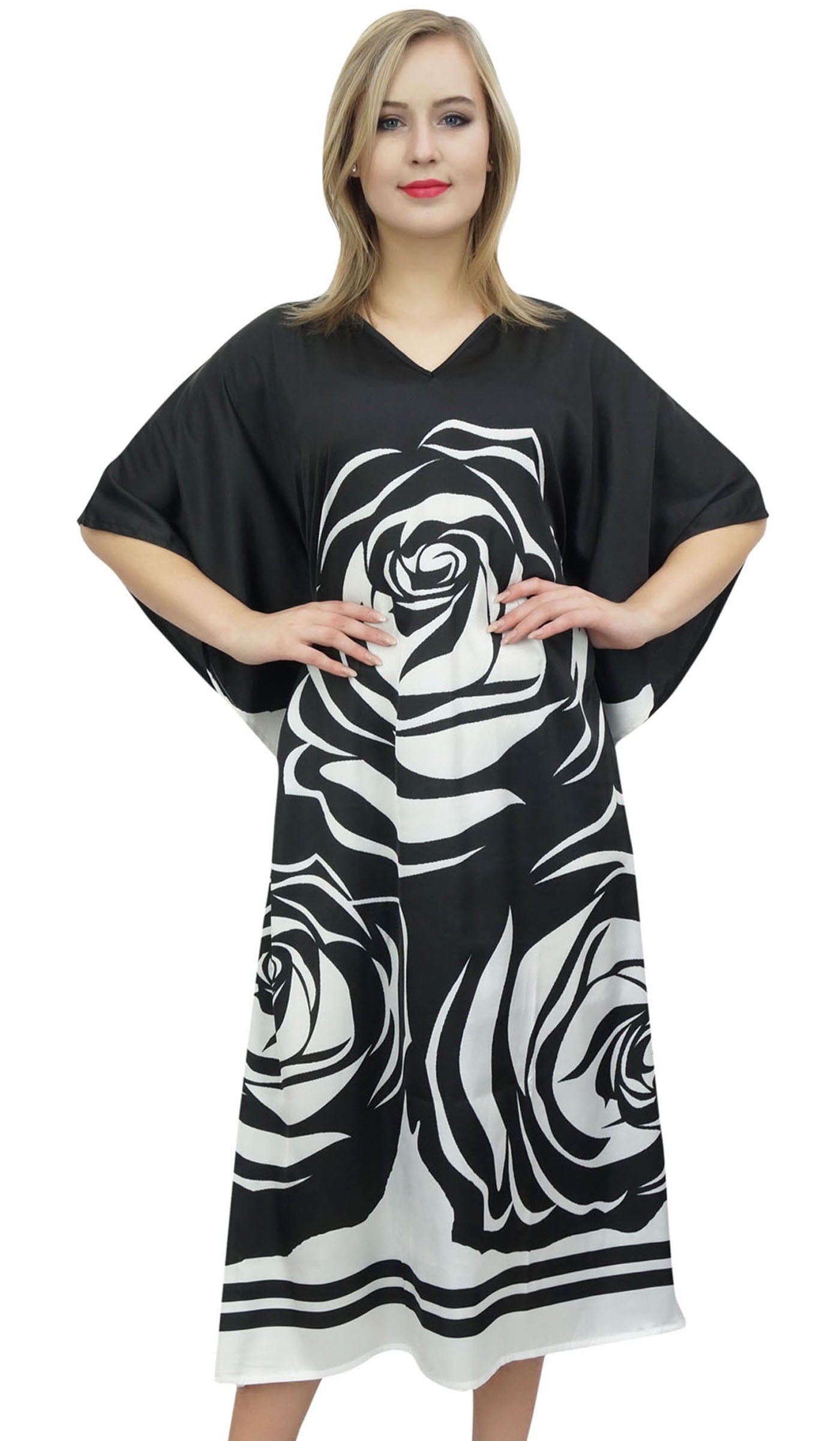 Caftano Kimono Donna Con Stampe Di Fenicotteri – Raso Nero, Maxi Lunghezza 52 Pollici – Copricostume Elegante Per Spiaggia