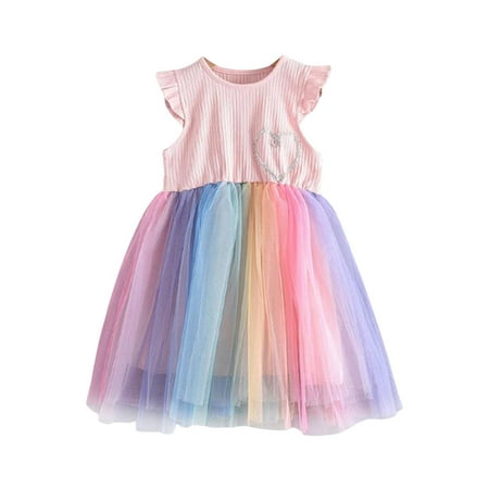 

Frobukio Little Girls Mesh Tutu Dress Rainbow Printed Fly Sleeve Princess Skirt