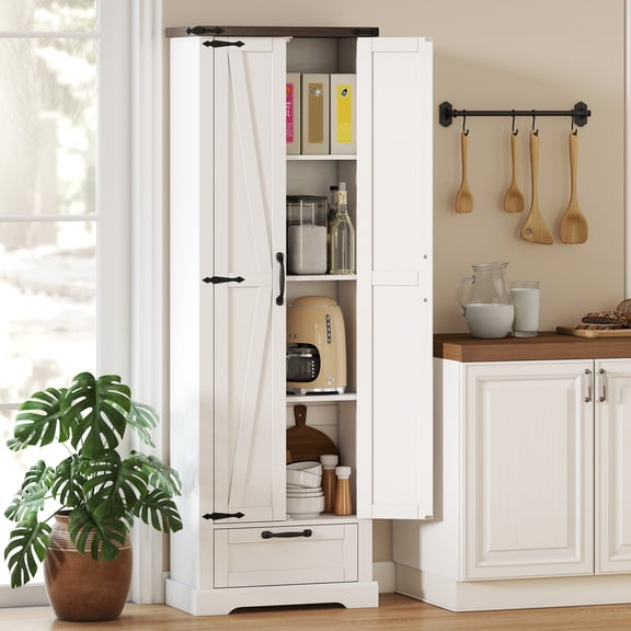 HOMCOM 71" Kitchen Freestanding Pantry Cabinet with Barn Doors, Drawer and Adjustable Shelves for Dining Room, White