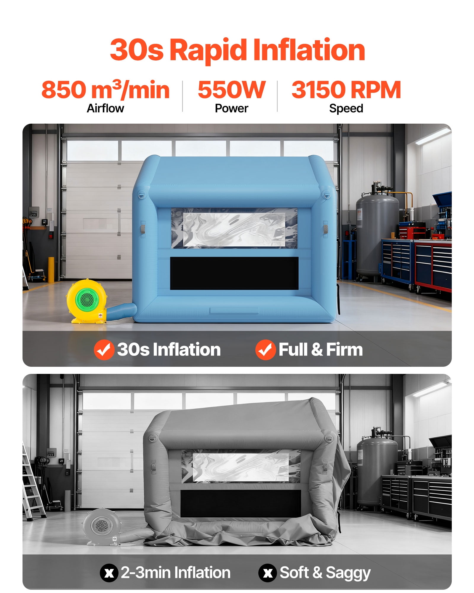 VEVOR Inflatable Paint Booth, 9.84 x 8.2 x 8.2 ft, Inflatable Spray Booth with 550W Powerful Blower and Air Filter System, Triangular Roof, for Painting Bicycle, Motorcycle, Automotive Sheet Metal