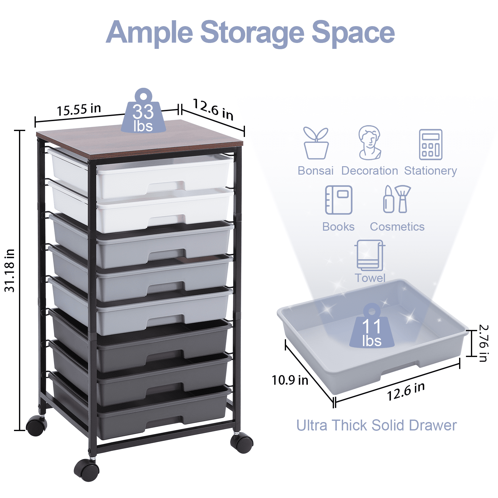 KK KINGRACK Storage Rolling Drawer Cart, Rolling Cart with 8 Drawers and Wooden Tabletop, Metal & Plastic, Gray