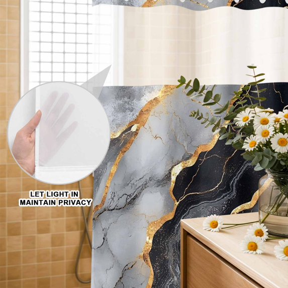 No Hook Shower Curtain with Built-in Rings - Black and Gold Marble Texture Washable Waterproof Fabric Bathroom Curtains for Hotel,Rentals, 72X 96 Inch Extra Long , Abstract Modern Lines