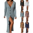 thumbnail image 1 of Robe Chandail Longue en Tricot à Col en V Profond pour Femmes avec Boutons, Manches Longues, Robe Maxi, 1 of 6