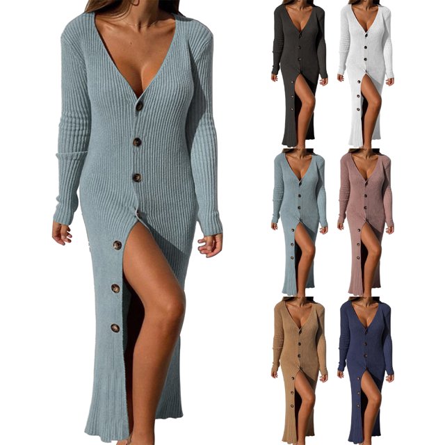 Robe Chandail Longue en Tricot à Col en V Profond pour Femmes avec Boutons, Manches Longues, Robe Maxi