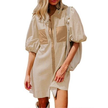 Green Dress Shirt Women  Striped Dress Casual Puff Half Sleeve Cardigan Button Down Easter Sundress Formal Men S Shoes Summer Maxi Dress For Women Cute Spring Dresses Outfits (S  Orange) ZMTing