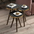 thumbnail image 2 of Round Nesting Set of 3, Modern Woodgrain Look with Black Base for Living Room Coffee Tables or Nightstands - Side End Table (Black Marble Design - Gold Side, Round-Wood Leg), 2 of 16