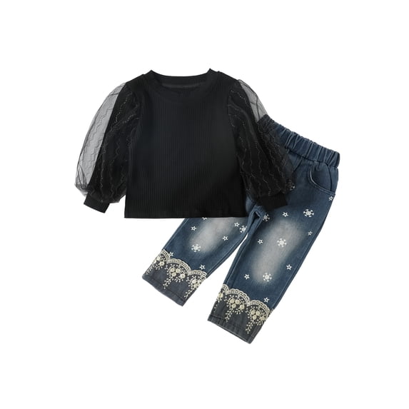 2Pcs Little Girls Trousers Set Mesh Stitching Shirts Long Puff Sleeve Ribbed Round Neck Tops Star Snowflake High Waist Jeans Pant