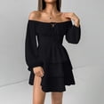 thumbnail image 4 of Women Off Shoulder Ruched Mini Dress Long Sleeve Ruffle Tiered Flowy A Line Dress Summer Bodycon Short Dress, 4 of 7