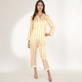 thumbnail image 2 of Women's Striped Satin Pajama Set with Long Sleeve Button Top and Cropped Pants - Large, Yellow, 2 of 7