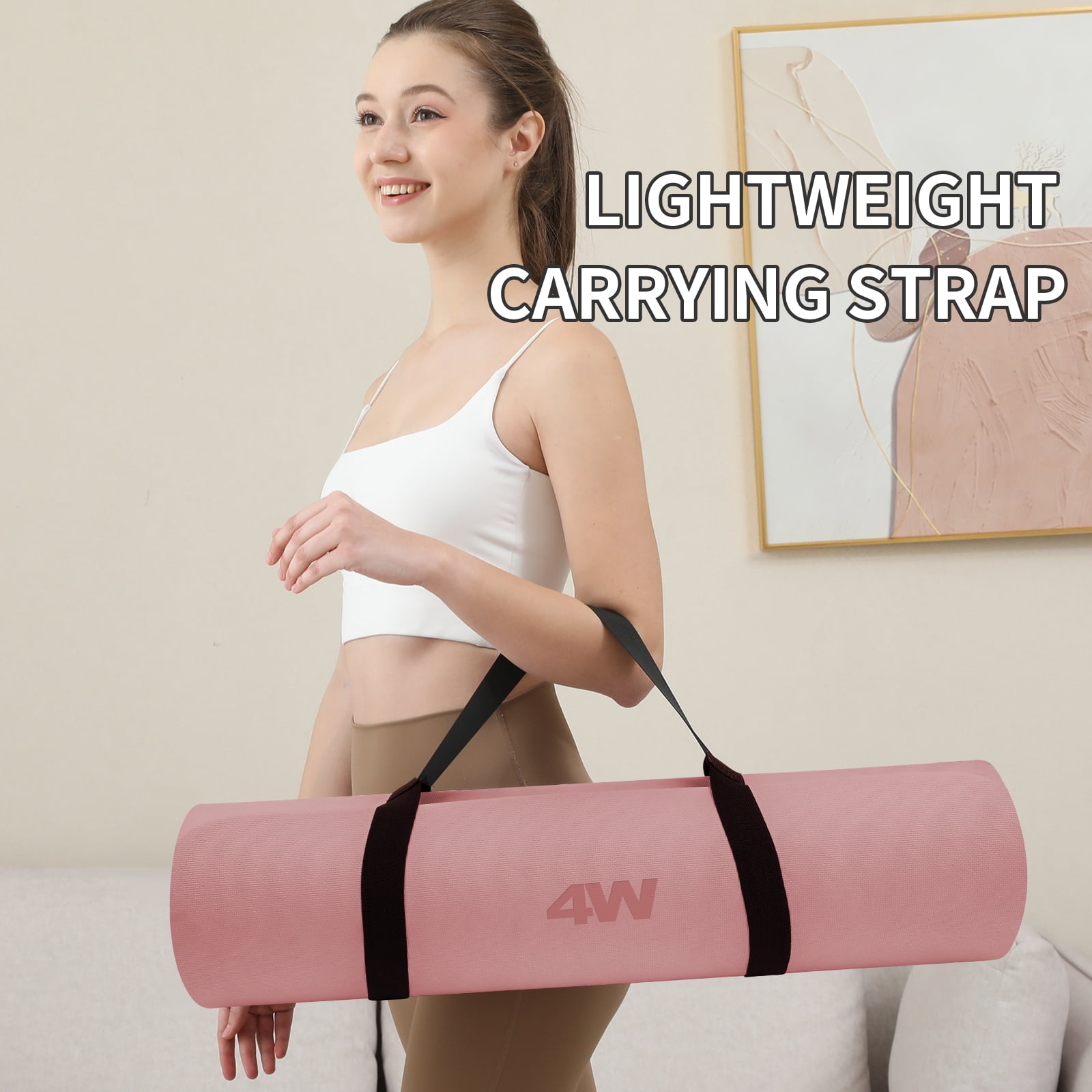 4W 10mm Thick Pink Yoga Mat- TPE Non-Slip Exercise Mats with Strap for Home Workout/Pilatesfor Women Men72"×26"(Pink+Black)