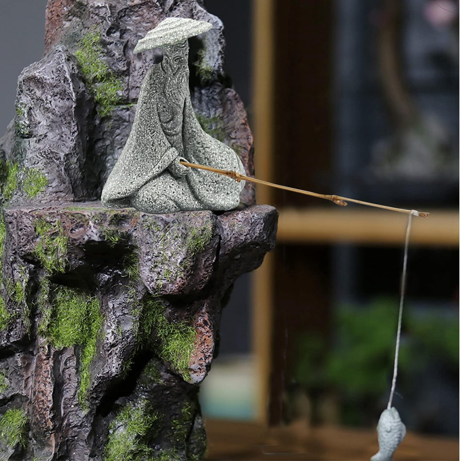 2PCS Mini Sitting Fishing Figurines Sandstone Vintage Ornament Japanese Decor for Fish Tank Pot Garden Home Aquarium Mini Fisherman Statue Asian Zen Decorations