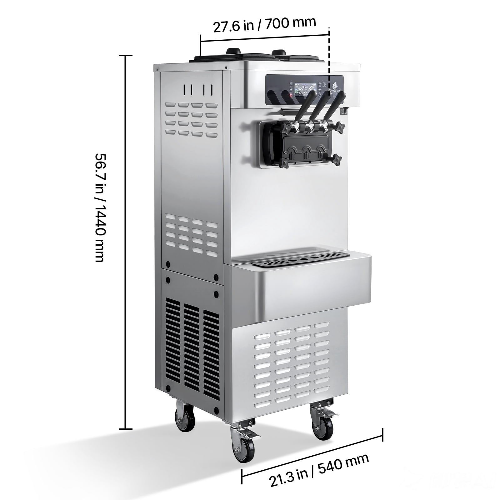 KFFKFF Commercial Soft Serve Ice Cream Machine, 20-28L/H Output, 2200W Freestanding Maker with 3 Flavors, Dual 6L Hoppers, Built-In Puffing Pump, Pre-Cooling System