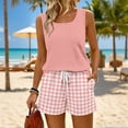 thumbnail image 2 of Gingham Check 2-Piece Set for Women - Solid Square Neck Tank Top & Elastic Waist Drawstring Shorts with Pockets, Vintage Summer Picnic Outfit Pink XXXL, 2 of 9