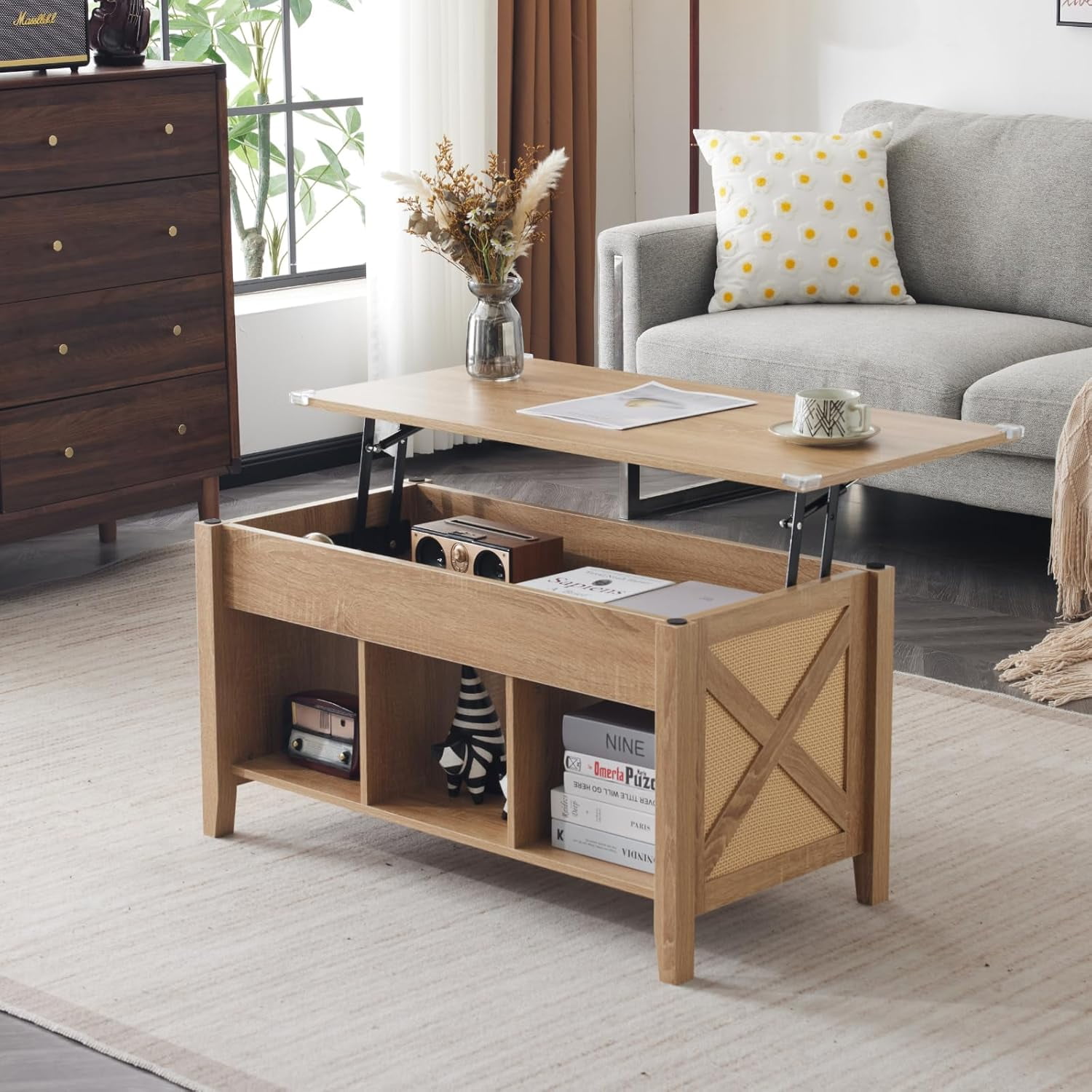 Ktaxon Mid-Century Lift Top Coffee Table, Multi-Functional Lift Tabletop Center Table for Living Room with Hidden Storage Compartment & 3 Cube Shelves, Walnut