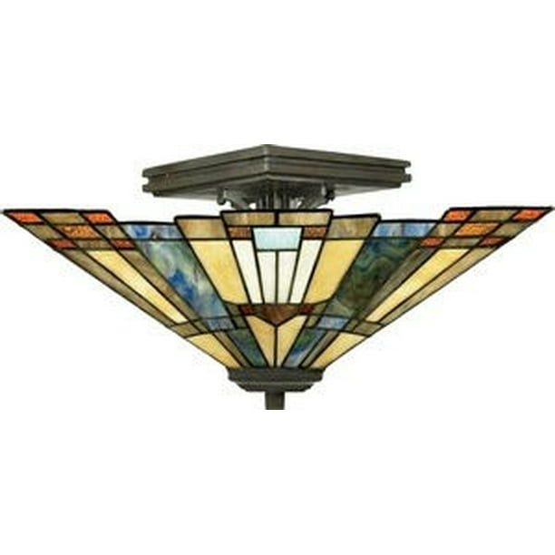 2 Light Small Semi Flush Mount Tiffany Mission Style Ceiling Light