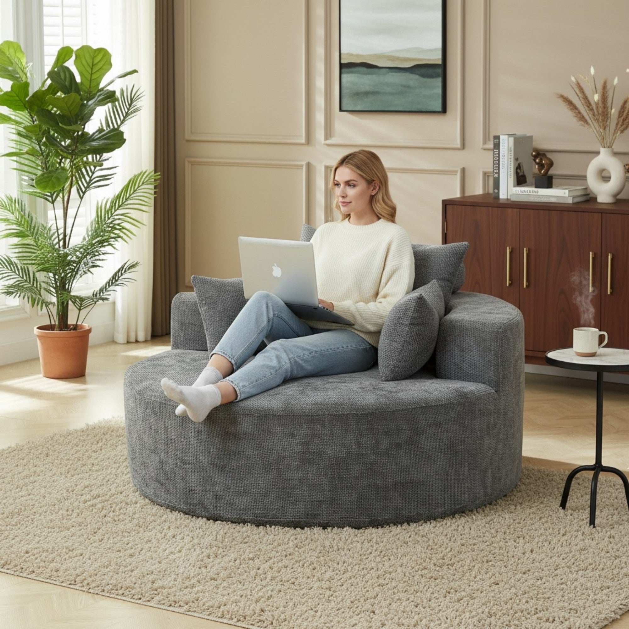 Sailvan 55" Modern Chenille Single Seater Lounge Chair, Modular Cloud Sofa with Enveloping Pillows, No Assembly Lazy Chair for Living Room Grey