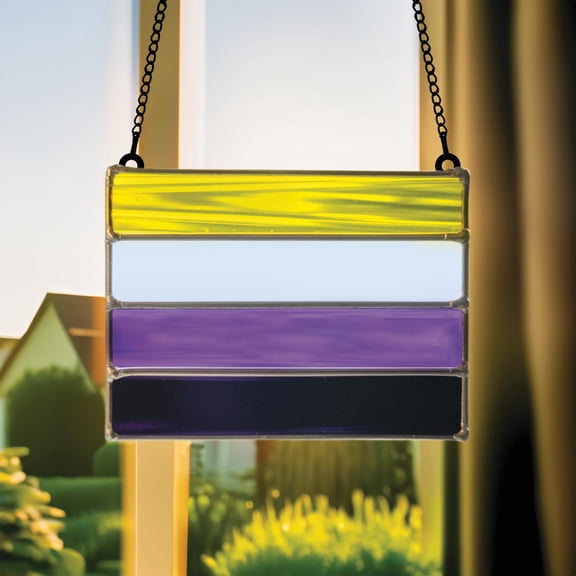 Nonbinary Pride Flag Suncatcher, Acrylic Window Hanging with Yellow White Purple Black Stripes, LGBTQ Decor Gift for Inclusive Homes