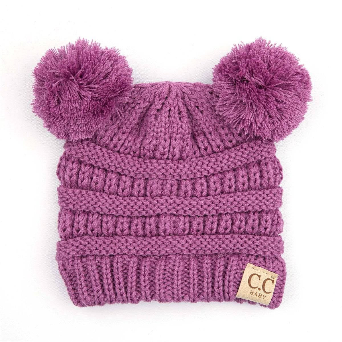 CC Baby Double Pom Cable Knit Yarn Pom Newborn to 9 Months Infant Beanie Light Grey - Soft, Warm Hats for Babies and Toddlers - Cozy Winter Wear