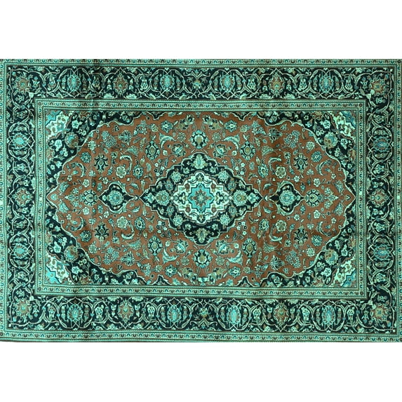Ahgly Company Machine Washable Indoor Rectangle Medallion Turquoise Blue Traditional Area Rugs, 7' x 10'