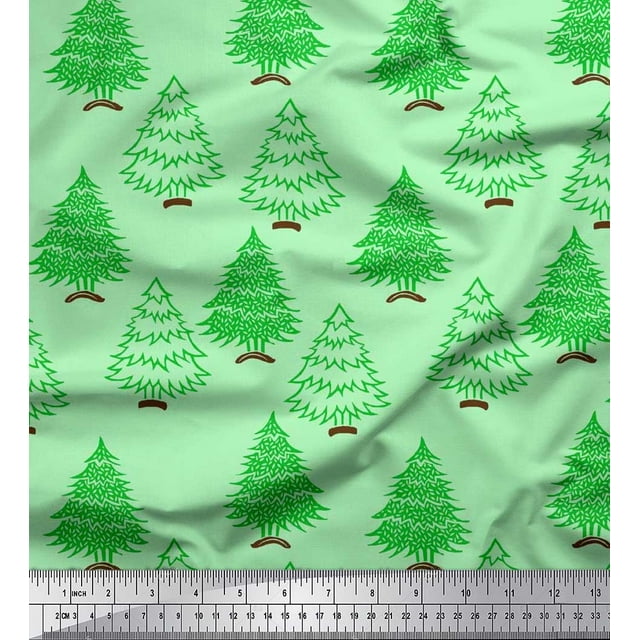 Soimoi Poly Georgette Fabric Christmas Tree Block Decor Fabric Printed Yard 42 Inch Wide
