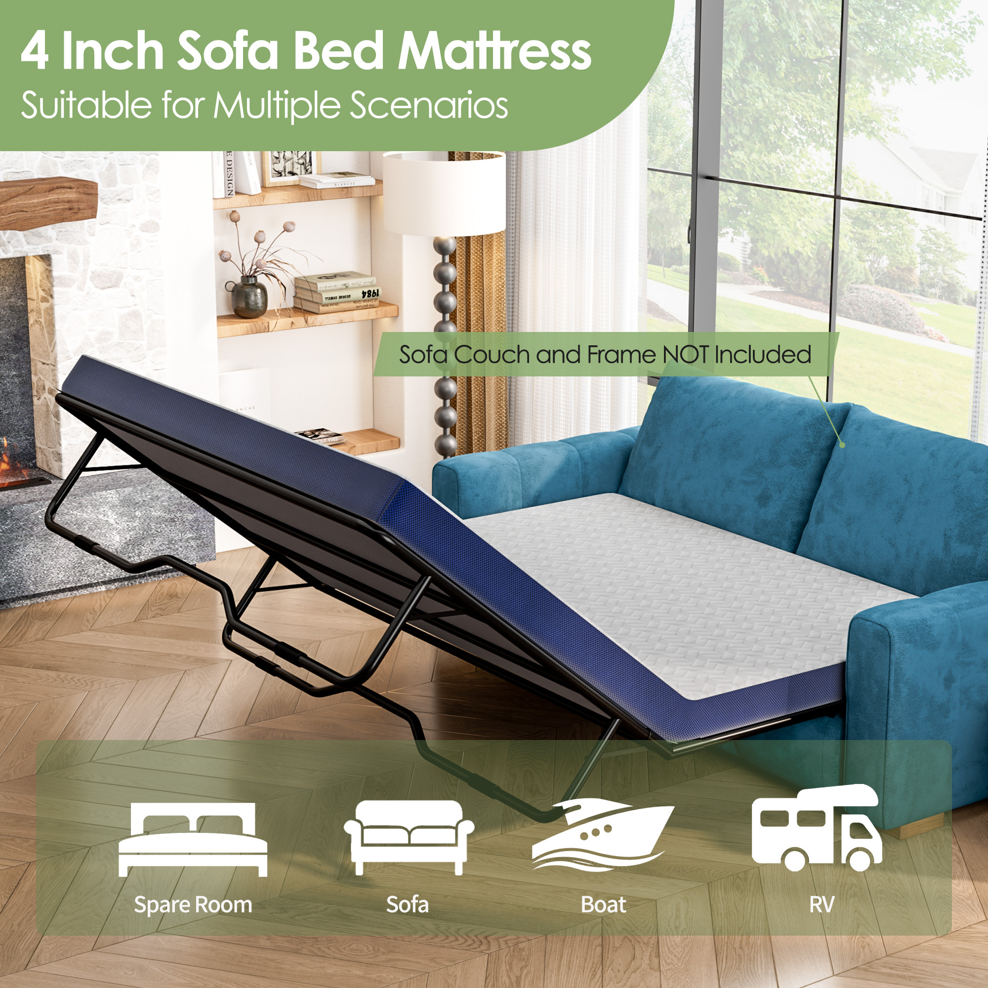 4 Inch Memory Foam Mattress Full Size, Pull-out Sofa Replacement Mattress with Removable Washable Cover, for Couch Beds Guest Rooms, Sofas, RVs & Boats,Blue(Sofa Not Included)