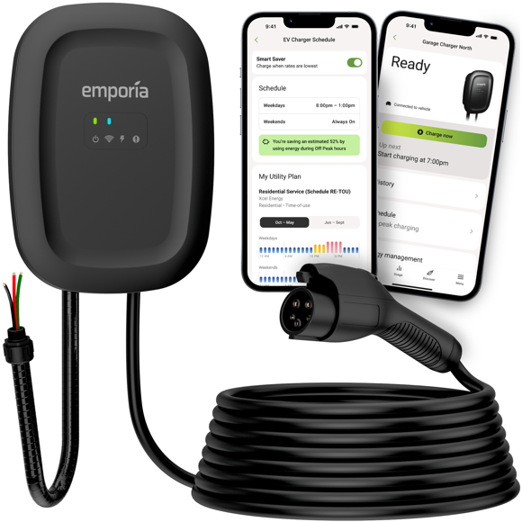 EMPORIA ENERGY LEVEL 2 EV CHARGER | CCS (J1772) | ENERGY STAR | UL LISTED | 48 AMP HARDWIRED | 24' CABLE | Smart Home Charging Station