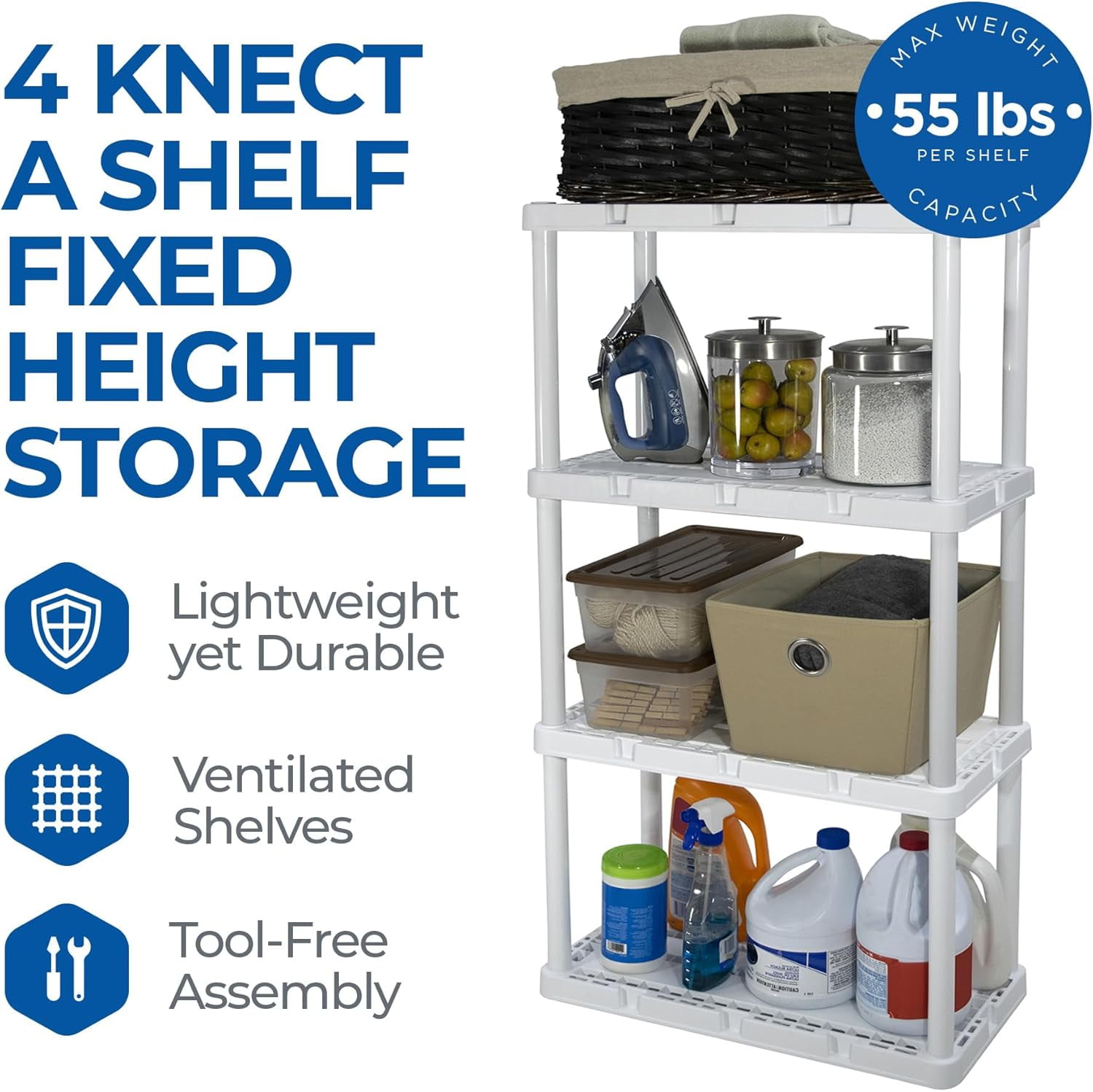 Happyyeah 2 Pack Light Duty Storage Shelves, Knect-A-Shelf 4-Shelf Ventilated Shelving Rack Organizer for Home, Garage, Basement & Laundry, White