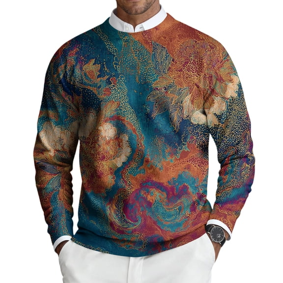 dGslk Men’s Long Sleeve Crew Neck Pullover with Abstract Floral Print Lightweight Regular Fit Soft Knit Fabric Sweater Top Dark Blue L