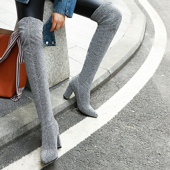 Tejiojio Fall Clearance Stretch Knit Thick Heel Pointed Toe Women's Boots Are Thin Leopard Print Boots Over The Knee Long Boots