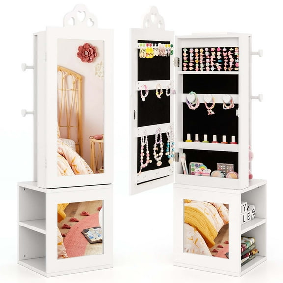 Costway Kids Jewelry Cabinet Standing Children Jewelry Organizer with Full-Length Mirror White