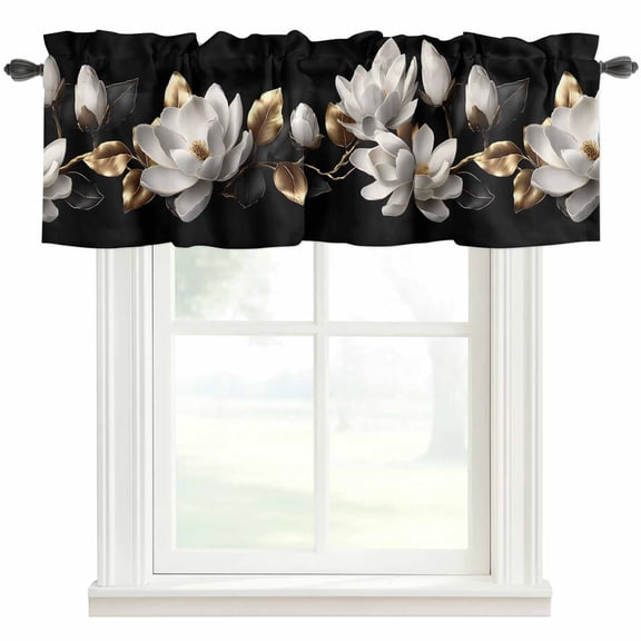 Luxurious Botanical Window Valance Curtain Retro Country White Floral Gold Leaves Rod Pocket Valance for Windows Short Curtain for Living Room, Bedroom & Kitchen Window Decor 42x12in