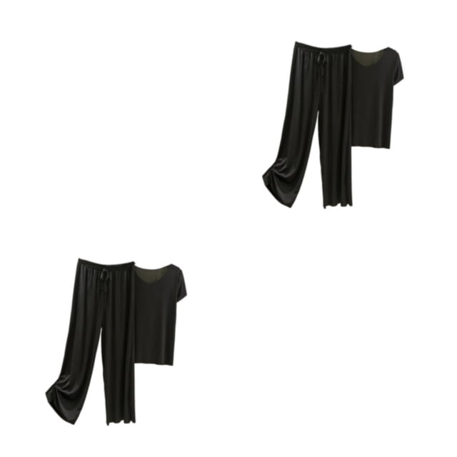Sonducket Conjunto de pijama de seda helada para mujer, camiseta de algodón de manga corta con cuello en V, pantalones holgados drapeados, ropa Negro SG 2Conjunto