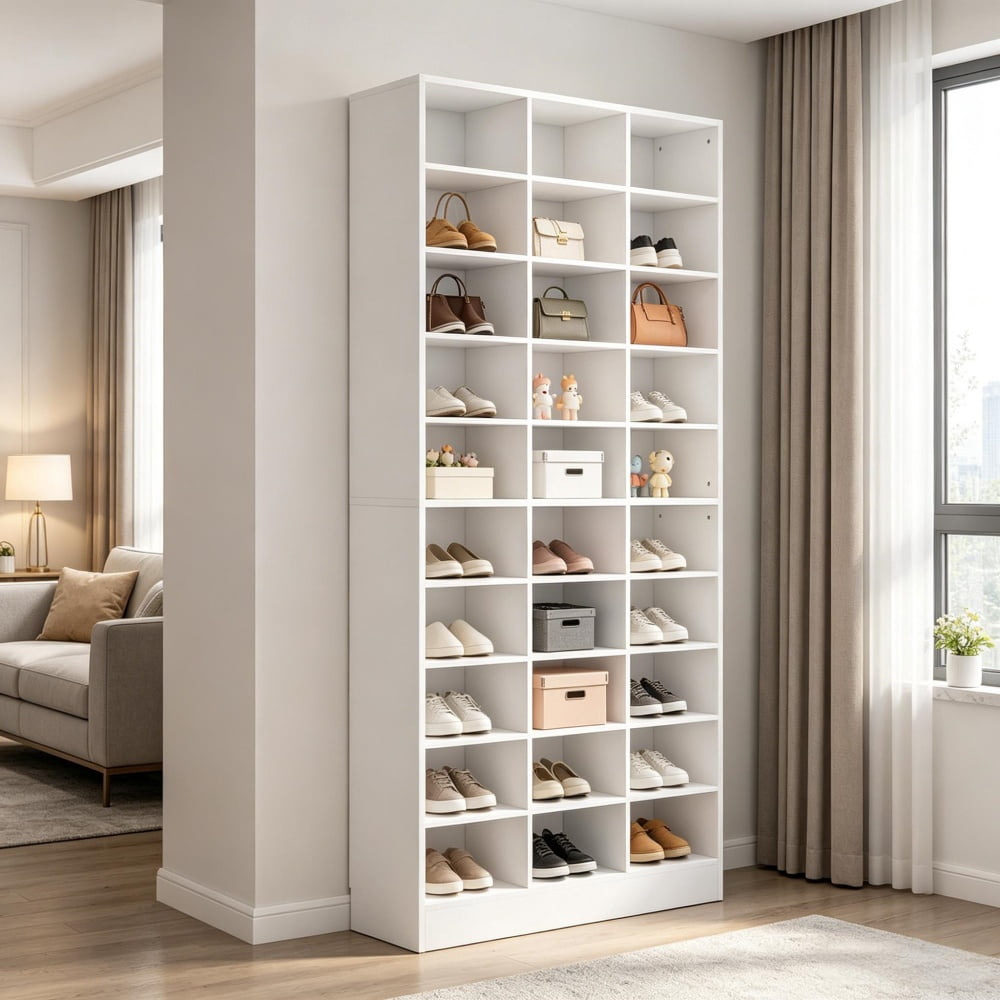 Tall Cubby Shoe Storage Cabinet, 30 Adjustable Cubbies Holds Up to 30 Pairs, Thick Manufactured Wood Freestanding Shoe Rack Max 330LBS for Entryway Closet