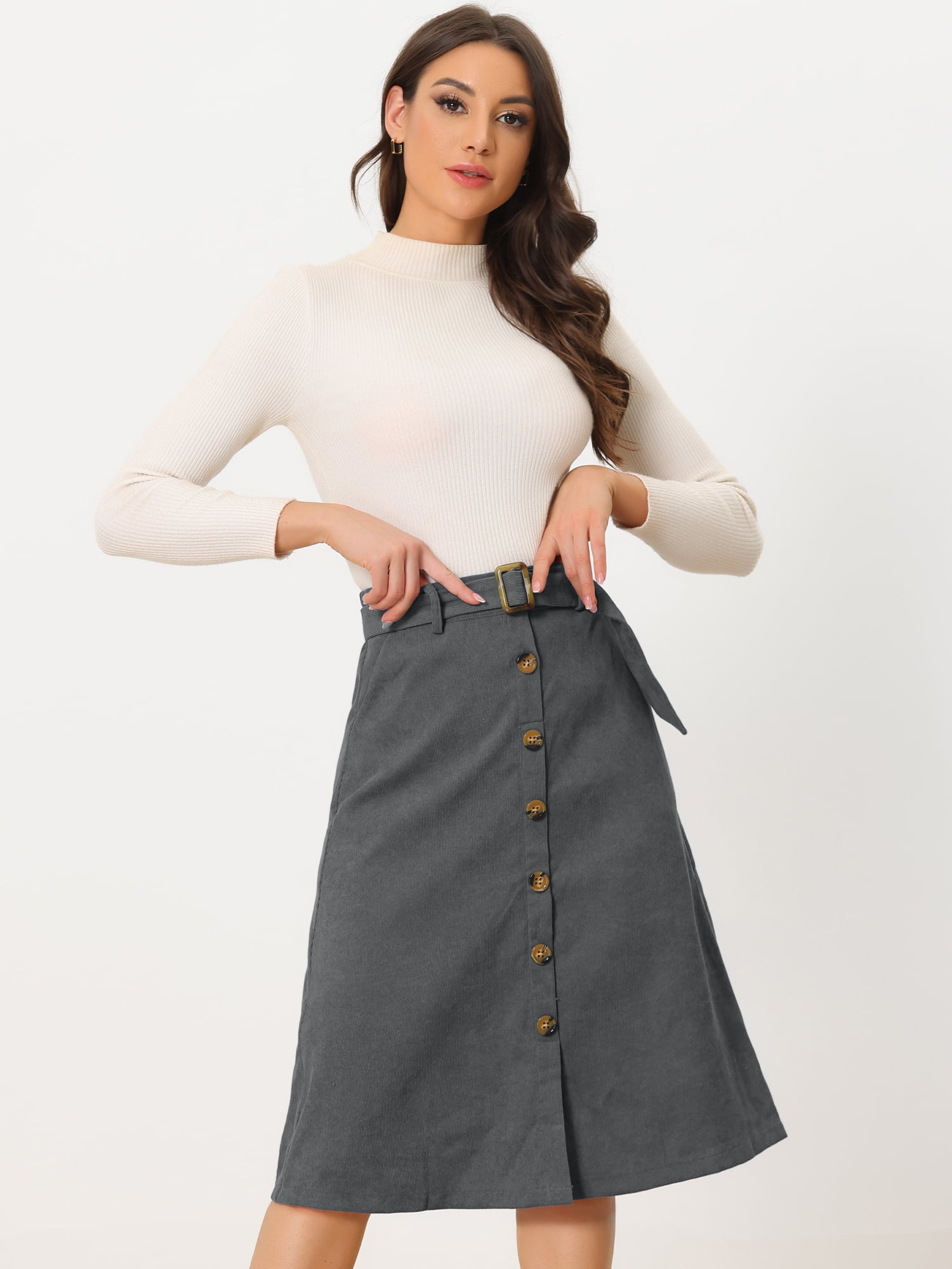 DARING DIVA Women's A-Line Button Front Belted Midi Skirts 2XL Grey