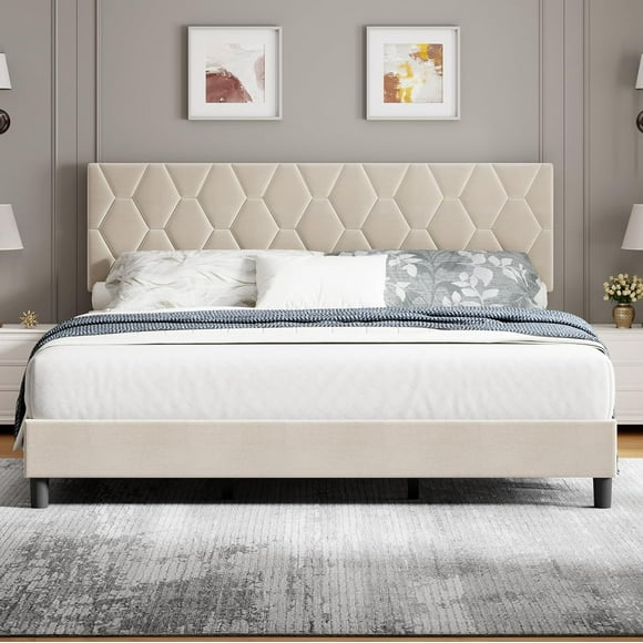 Beige King Bed Frame with Upholstered Headboard, Upholstered Bed Frame, Heavy-Duty Platform Bed Frame with Strong Wood Slats, No Box Spring Needed/Noise Free/Easy Assembly