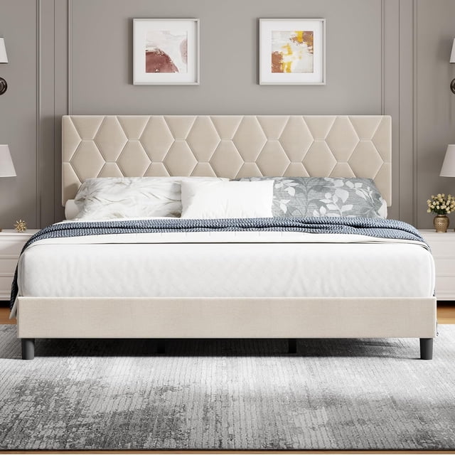Beige King Bed Frame with Upholstered Headboard, Upholstered Bed Frame, Heavy-Duty Platform Bed Frame with Strong Wood Slats, No Box Spring Needed/Noise Free/Easy Assembly