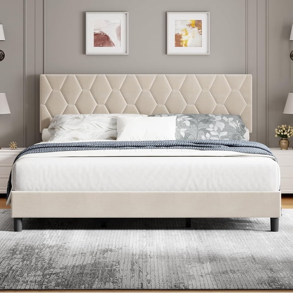 Beige King Bed Frame with Upholstered Headboard, Upholstered Bed Frame, Heavy-Duty Platform Bed Frame with Strong Wood Slats, No Box Spring Needed/Noise Free/Easy Assembly