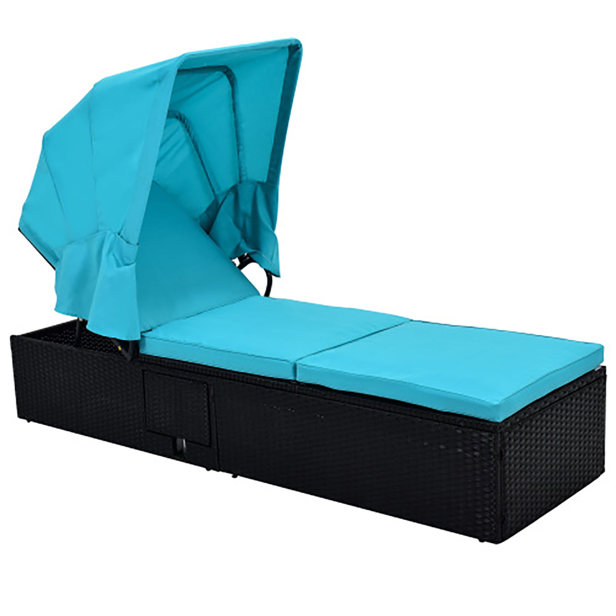 Kadyn 76.8" Long Single Recliner with Cushion, Canopy and Cup Table,, Outdoor Patio Wicker Chair, Black Wicker + Blue Cushion, Outdoor PE Wicker Recliner Kadyn 76.8" Long Single Recliner with Cushion, Canopy and Cup Table,, Outdoor Patio Wicker Chair, Black Wicker + Blue Cushion, Outdoor PE Wicker Recliner