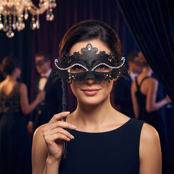Black Masquerade Mask for Women 12 Inch Masquerade Mask with Stick Rhinestone Embellished Venetian Masquerade Masks for Masquerade Party Mardi Gras Halloween Accessory, 1 Pack