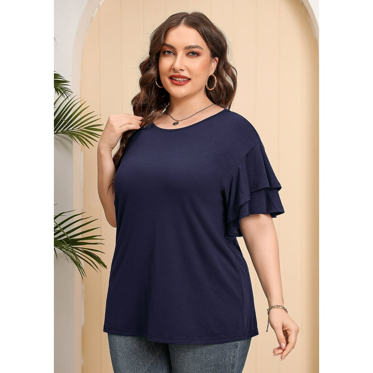 SHOWMALL Plus Size Clothes for Women Navy Blue 1X Shirt Crewneck Short  Sleeve Tunic Flowy Summer Loose Fitting Clothes