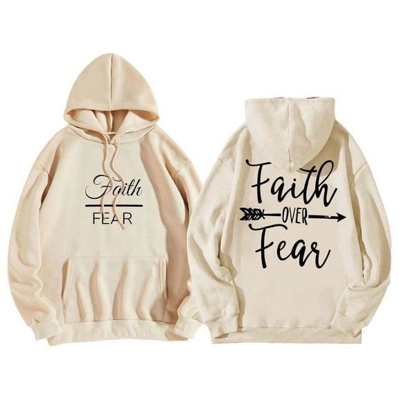 Baqcunre Women's "Faith Over Fear" Letter Print Long Sleeve Drawstring Pullover Hoodie with Pockets Comfy Hoodie Womens Hoodies Graphic Hoodie Womens Sweatshirt Beige L