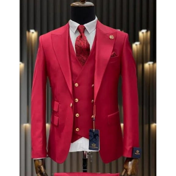 Mens One Button Peak Lapel Vested Wool Suit with Gold buttons in Red