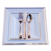 Exquisite Wedding & Party Dinnerware, Disposable Plastic Square Dinner Plates (9.5 Inch) - White with Rose Gold Rim - 40 Pack