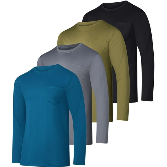 Real Essentials 4 Pack: Men's Dry-Fit Active Athletic Long Sleeve Pocket Crew T-Shirt Outdoors UPF 50 S-5XLT