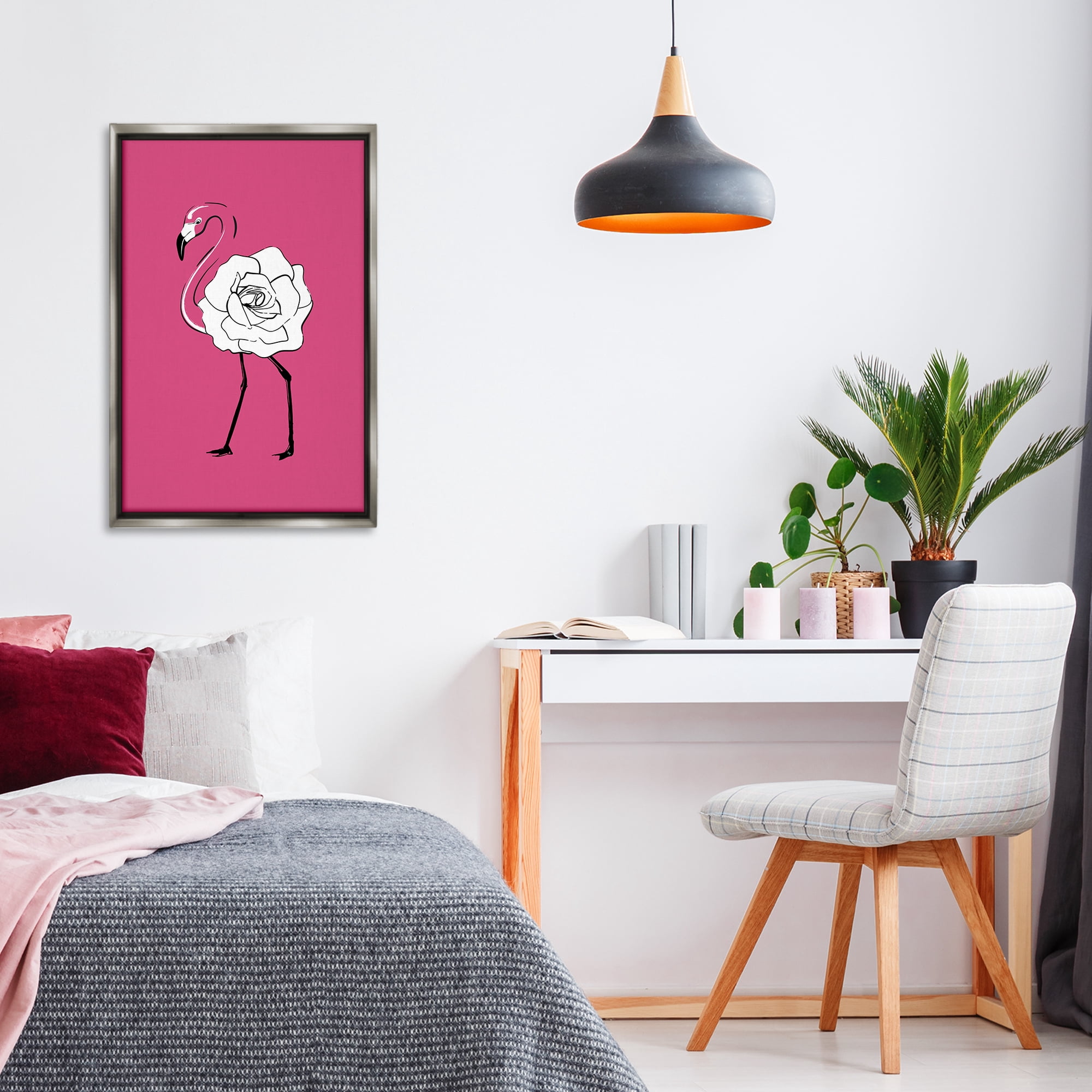 Stupell Industries Rose Blossom Flamingo Animals & Insects Painting Gray Floater Framed Canvas Art Print Wall Art, 21 x 31