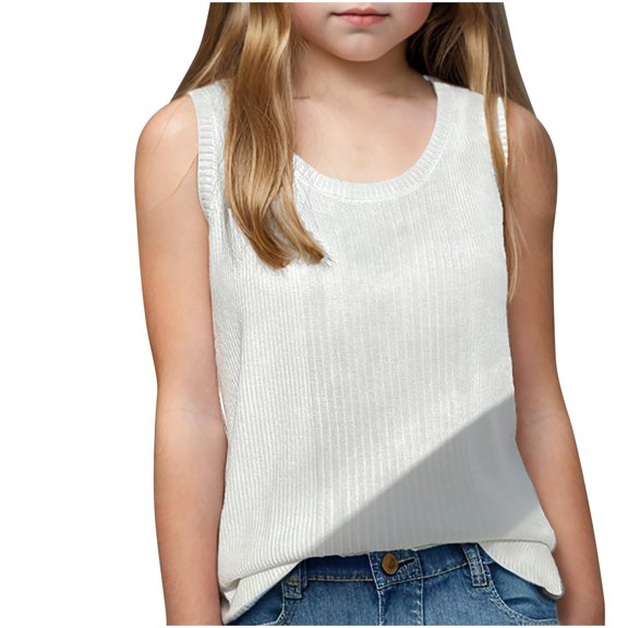 HAiming Girls Summer Tank Tops Round Neck Sleeveless Tees for Kids Casual Solid Color Pullover Shirts