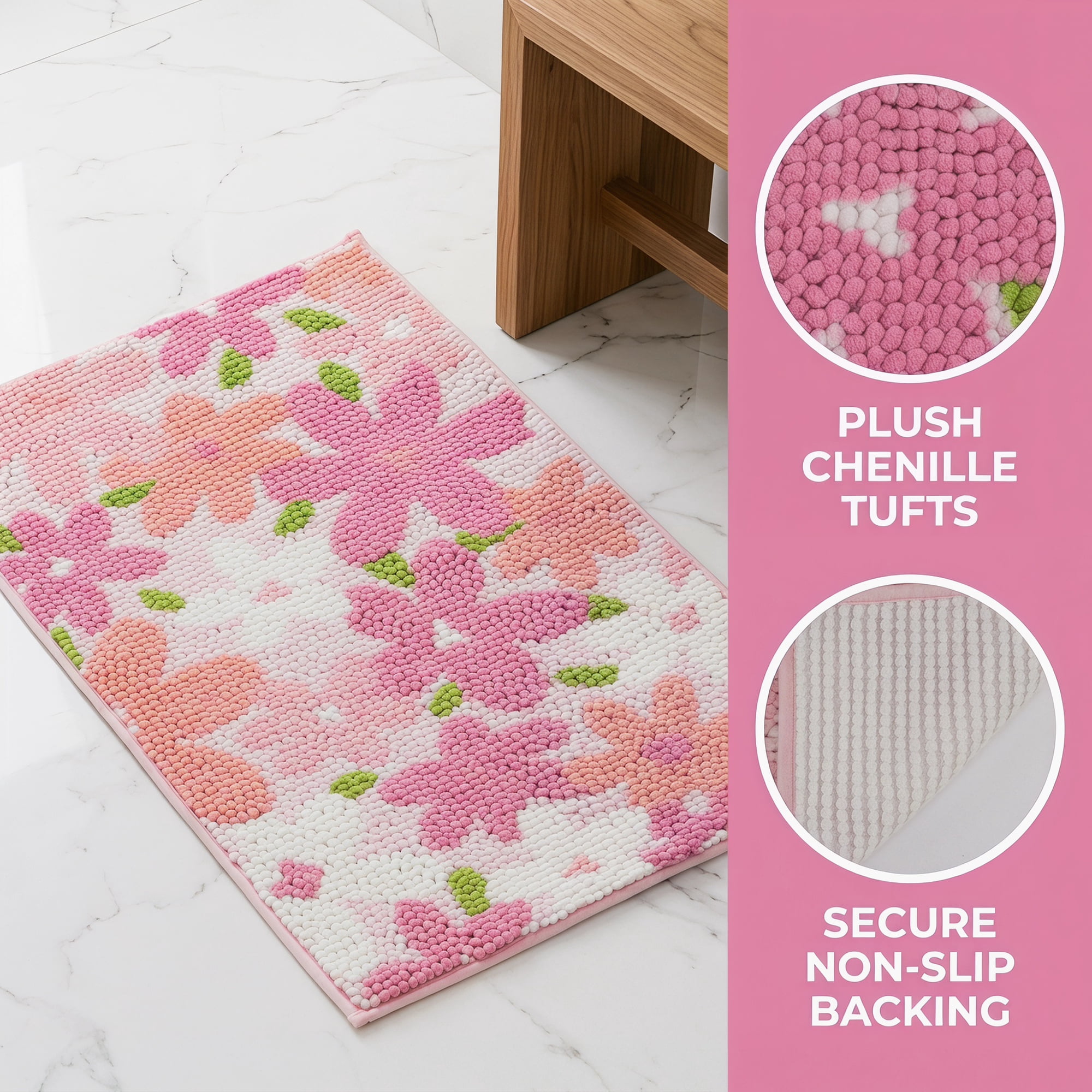 Unique Bargains Chenille Ultra Soft Non Slip Machine Washable Shower Rug Pink 24" x 16"