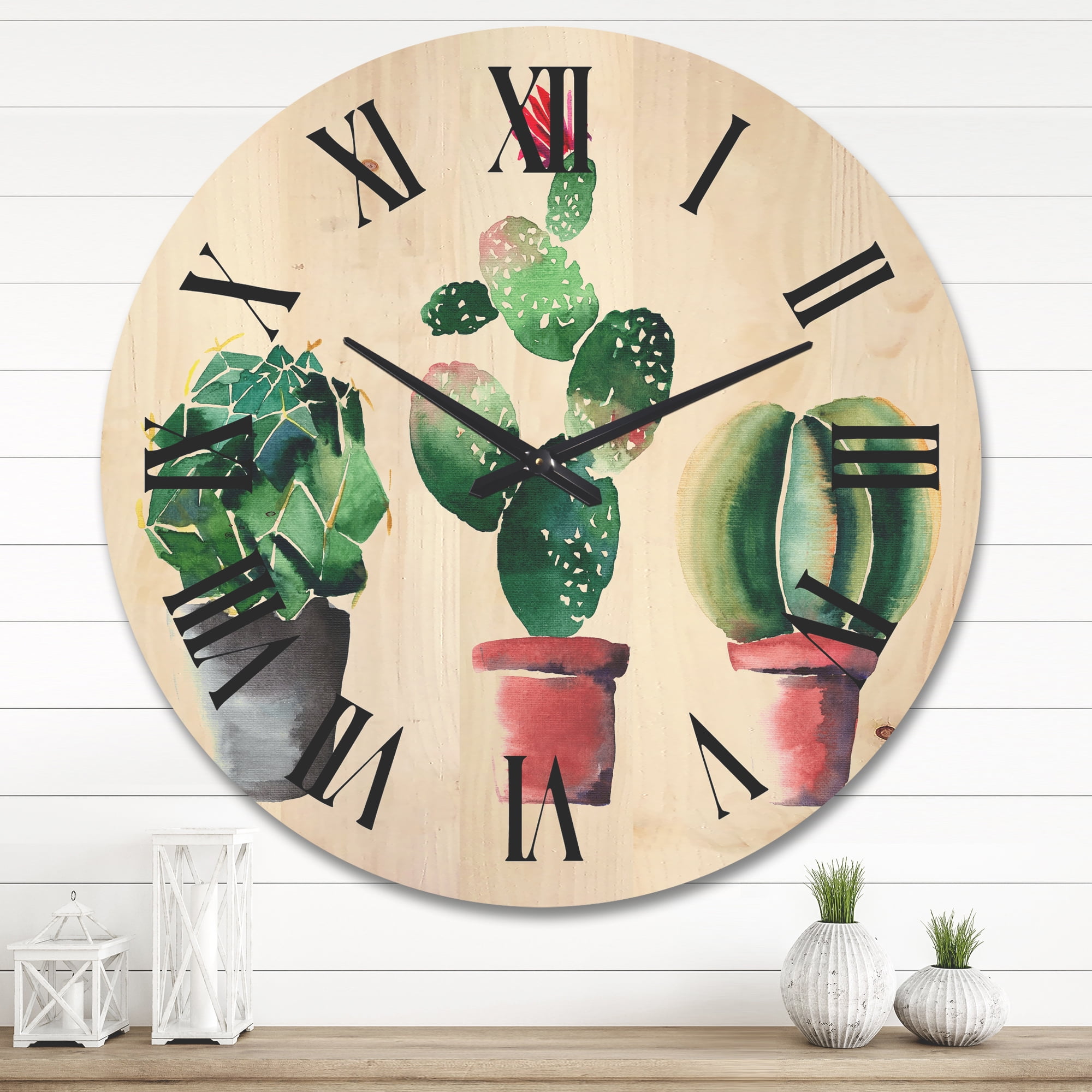Designart 'Three Cacti In Clay Pots On White' Traditional Wood Wall Clock