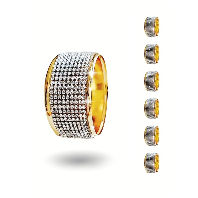 Juego de 6 servilleteros dorados con diamantes plateados, servilletero navideño para cenar, Acción de Gracias, boda, soporte de tela brillante completo